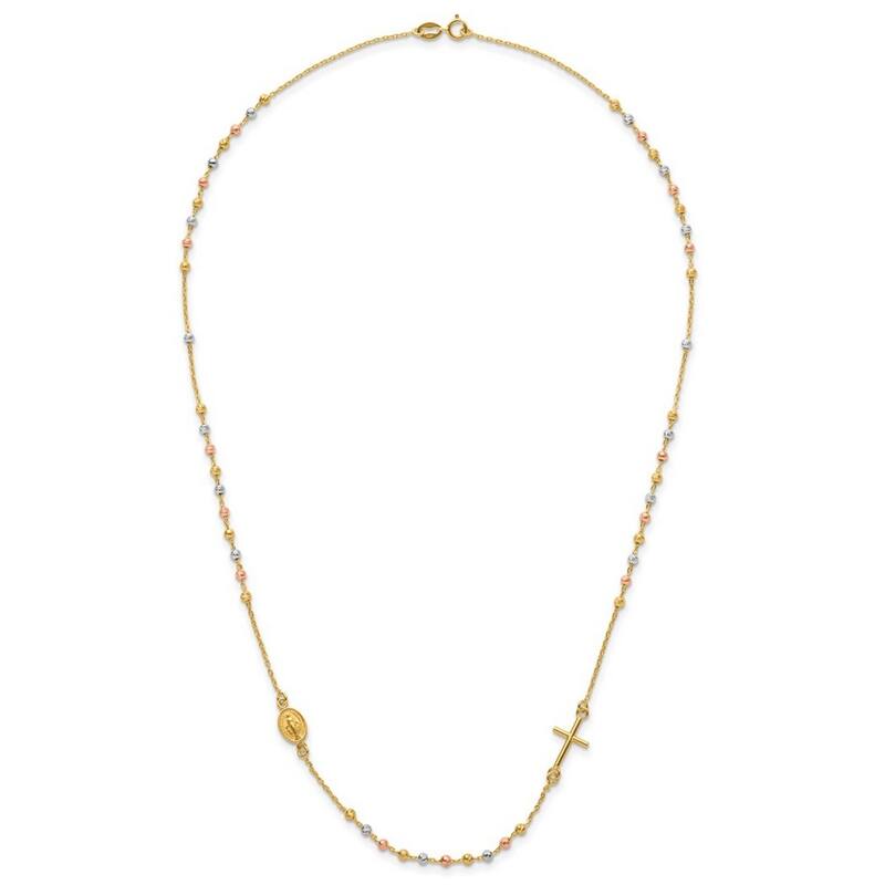 Curata 14k Tri-color Gold Sideways Cross Beaded Rosary Style Necklace, 18"