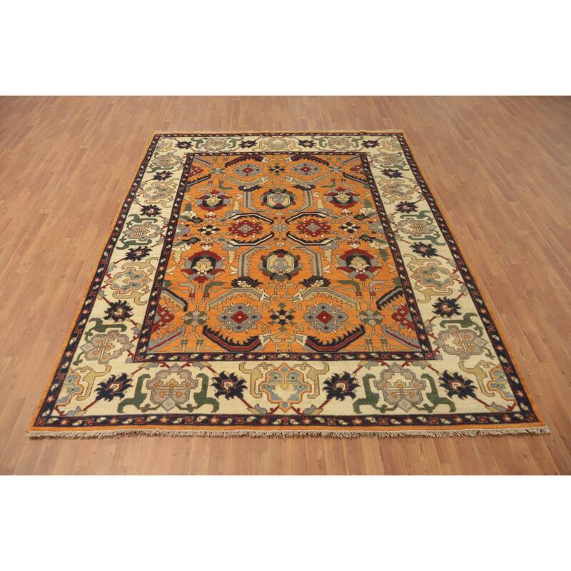 Hand-knotted Transitional Wool Carpet Orange Oushak Rug Floral Oriental Area Rug - 9' 9'' X 7' 10''