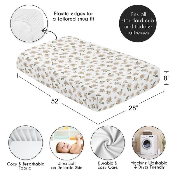 Sweet Jojo Designs Vintage Daisy Floral Girl Fitted Crib Sheet - Boho, White Daisies, Bohemian, Shabby Chic, Flower, Farmhouse