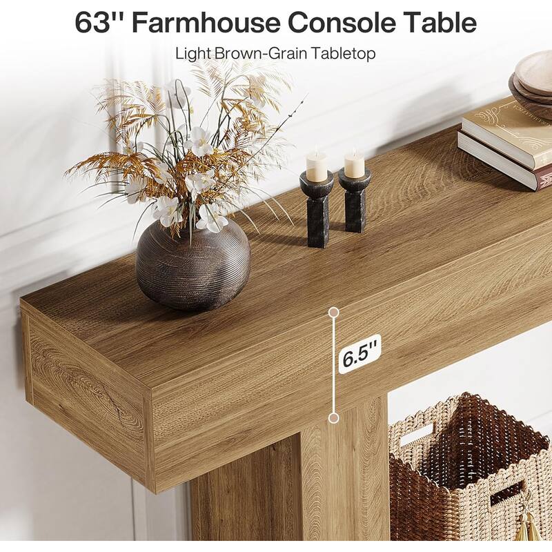 63 Inches Brown/ Gray Wood Hallway Table, Farmhouse Console Table for Entryway
