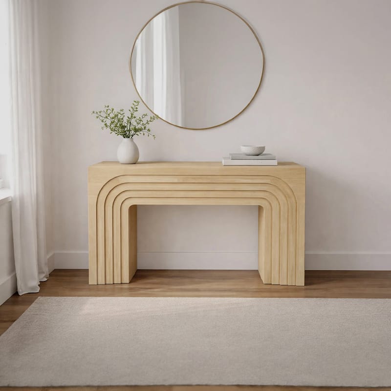 Kesna Console Sofa Table, 53 Inch Sculpted Arch, Light Beige Mango Wood