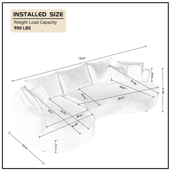 dimension image slide 0 of 5, Contempory Curved L-Shaped Sectional Sofa with Chaise – Extra Wide White Upholstered Luxury Lounge