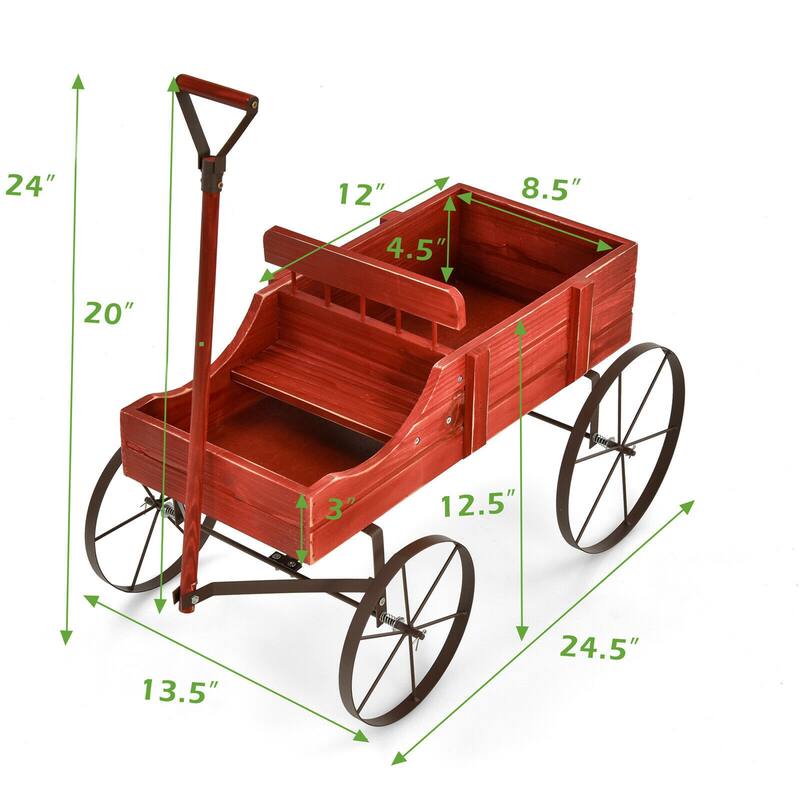 Gymax Garden Plant Planter Wooden Wagon Planter W/ Wheel Garden Yard - 24.5'' x 13.5'' x 24''