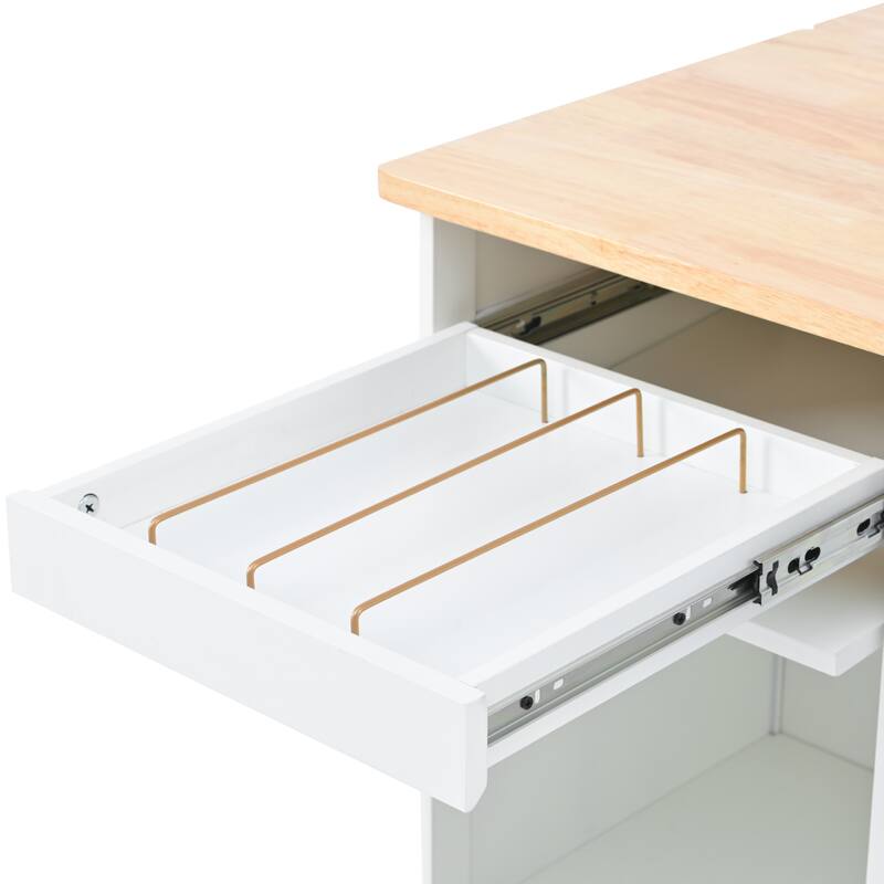Rolling Kitchen Cart with LED Light, Fluted Glass Doors, Drop Leaf Top, and Adjustable Storage (White)
