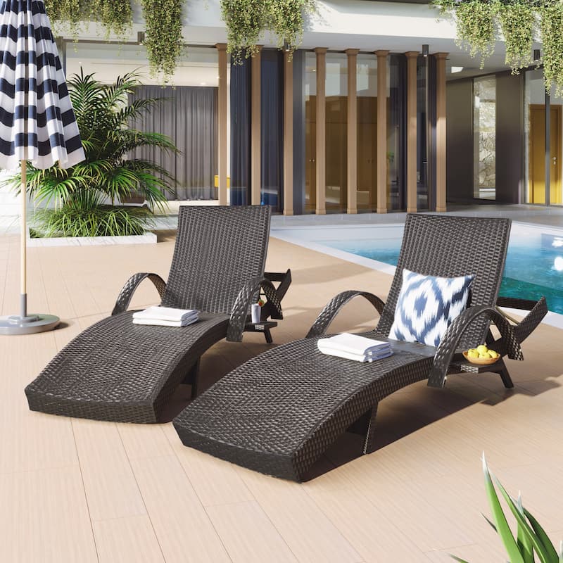 2-Piece 80''Lounge Chairs,Patio Rattan Reclining Chair Pull-out Table Adjustable Backrest Ergonomic Wave Sunbathing Recliners - Dark Brown