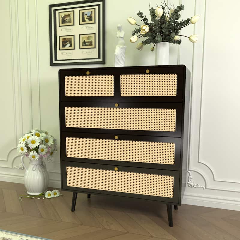 4 Drawer Dresser, Modern Rattan Dresser Chest with Wide Drawers and Metal Handles, Farmhouse Wood Storage Chest of Drawers