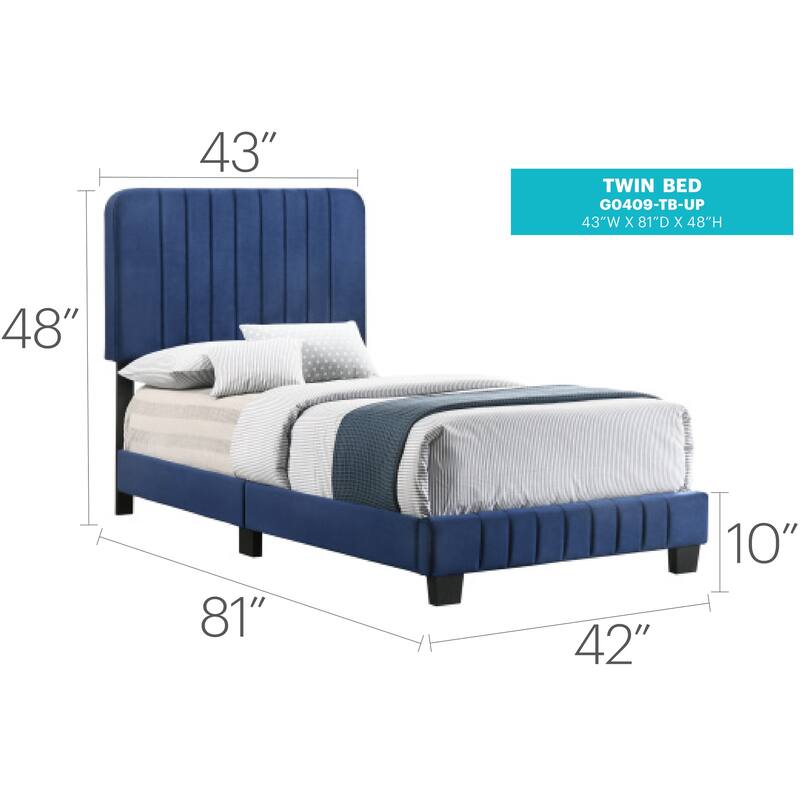 Modern Navy Blue Twin Bed with Velvet Upholstery and Sturdy Wooden Legs
