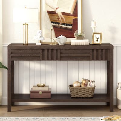 Ash Veneer Console Table with Drawers, Long Entryway Table Accent Table with Open Storage Shelf for Living Room