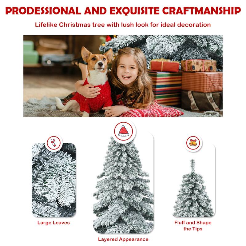 Gymax 7.5ft Artificial Christmas Tree Snow Flocked Hinged Pine Tree w/ - See Details