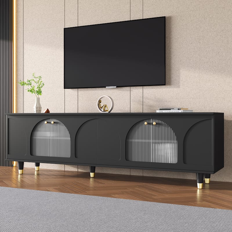 TV Stand Entertainment Center with Adjustable Shelves, 2 Cabinets, Glass Doors Media Console Table for TVs up to 78" - Black