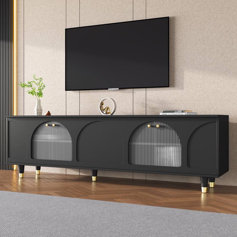 TV Stand with Adjustable Shelves, Gold Handles, Fluted Glass Doors for TVs Up to 78'', Entertainment Center for Living Room. - Black