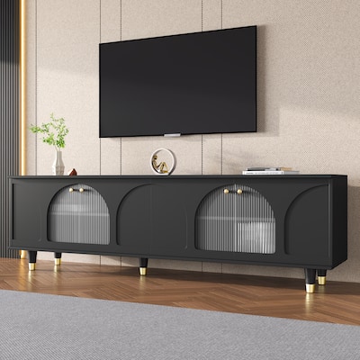 TV Stand with Adjustable Shelves, Gold Handles, Fluted Glass Doors for TVs Up to 78'', Entertainment Center for Living Room.