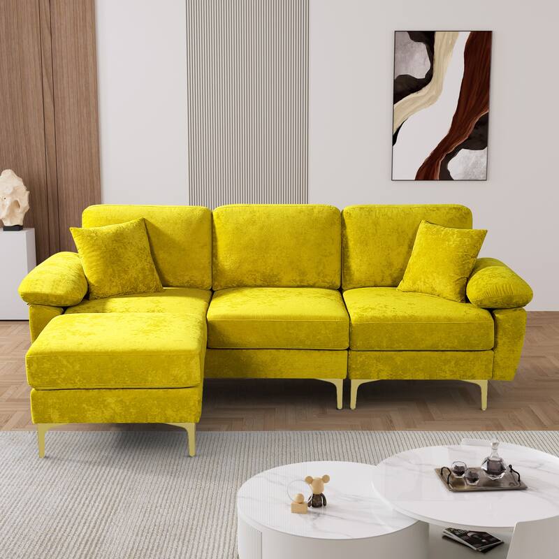 Ouyessir 2-Pieces Upholstered Velvet Sectional Sofa with 2 Pillows & Ottoman - Yellow