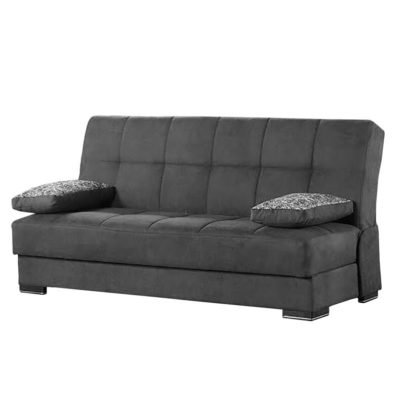 HomeRoots 75" Gray Chenille Convertible Futon Sleeper Sofa And Toss Pillows With Storage