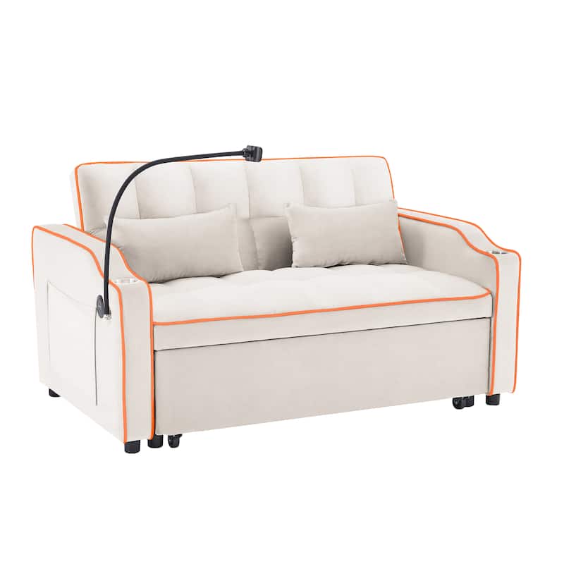 Versatile foldable Velvet sofa bed with Adjustable Back USB Port Phone Stand - Beige