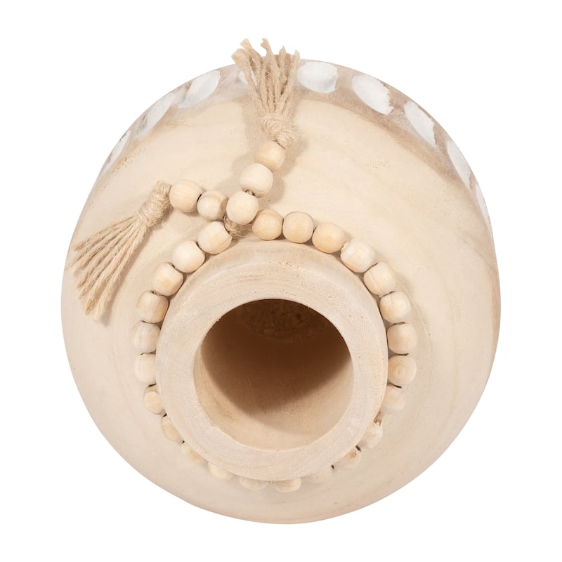 Sagebrook Home Wood, 8" Round Ridged Vase With Tassels, Round, 8"H, Ridged