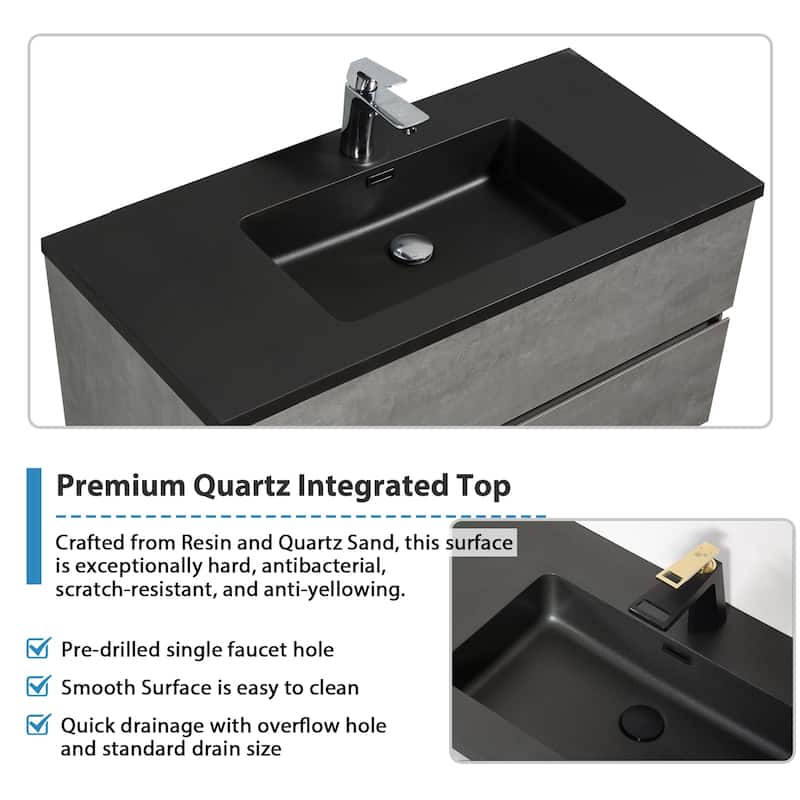 RupheonD 36" 48" Cement Grey Bathroom Vanity with Black Quartz Top