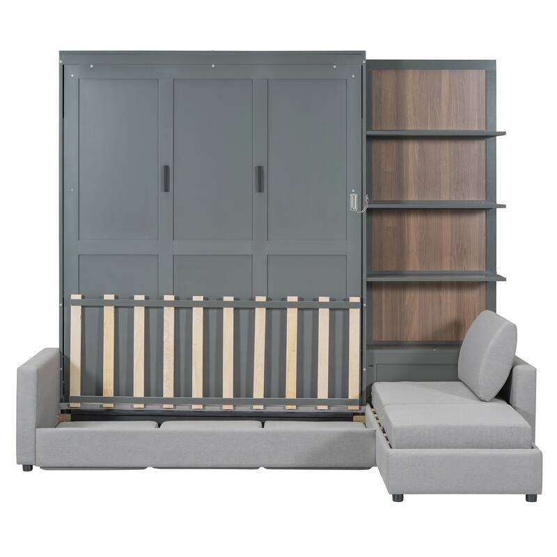 Queen Murphy Bed with Built-in Sofa, Shelves & Space-Saving Design