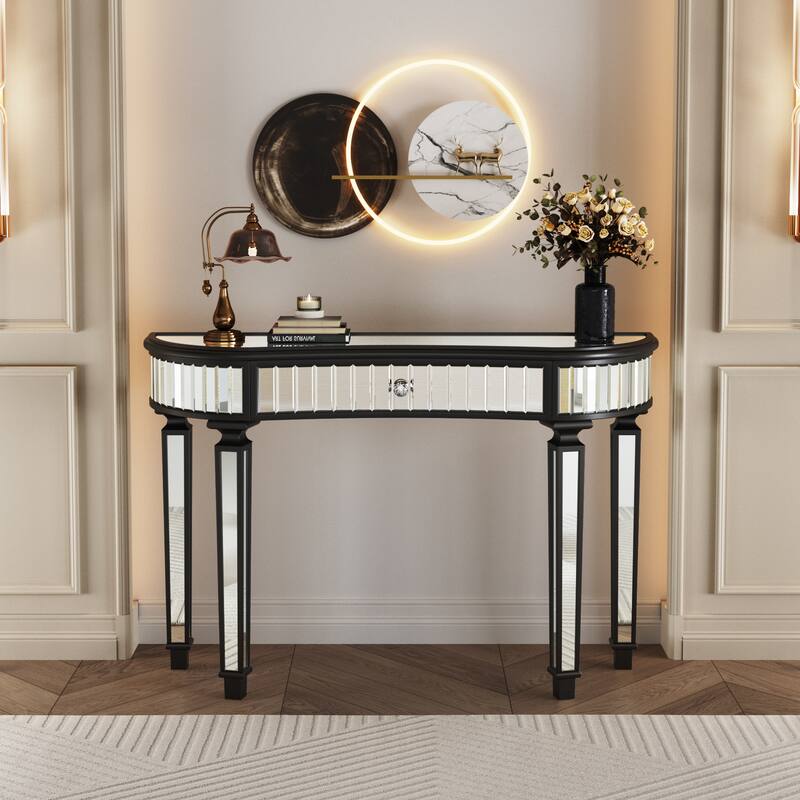 47 inch Half Moon Mirrored Console Table Fluted Glass Crystal Knob Drawer Silver Gold - Antique Black