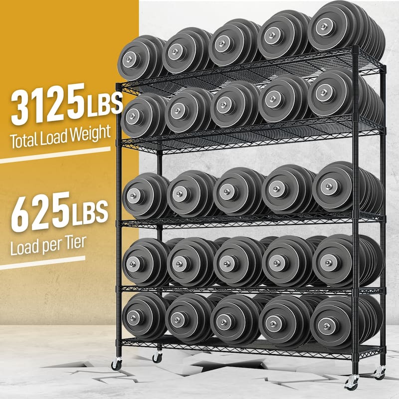 5-Tier Black Steel Wire Adjustable Height Storage Shelves Rack for Tools and Equipment - 59.06” x 17.72” x 74.02" (L x W x H)