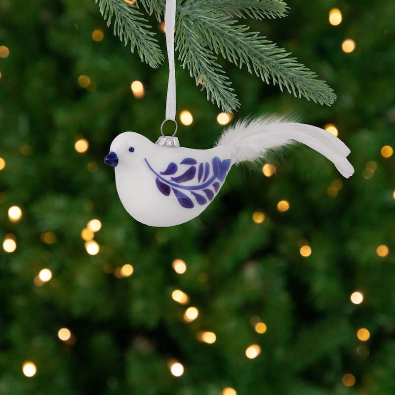 6.5" White and Blue Bird Glass Christmas Ornament
