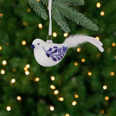 6.5" White and Blue Bird Glass Christmas Ornament