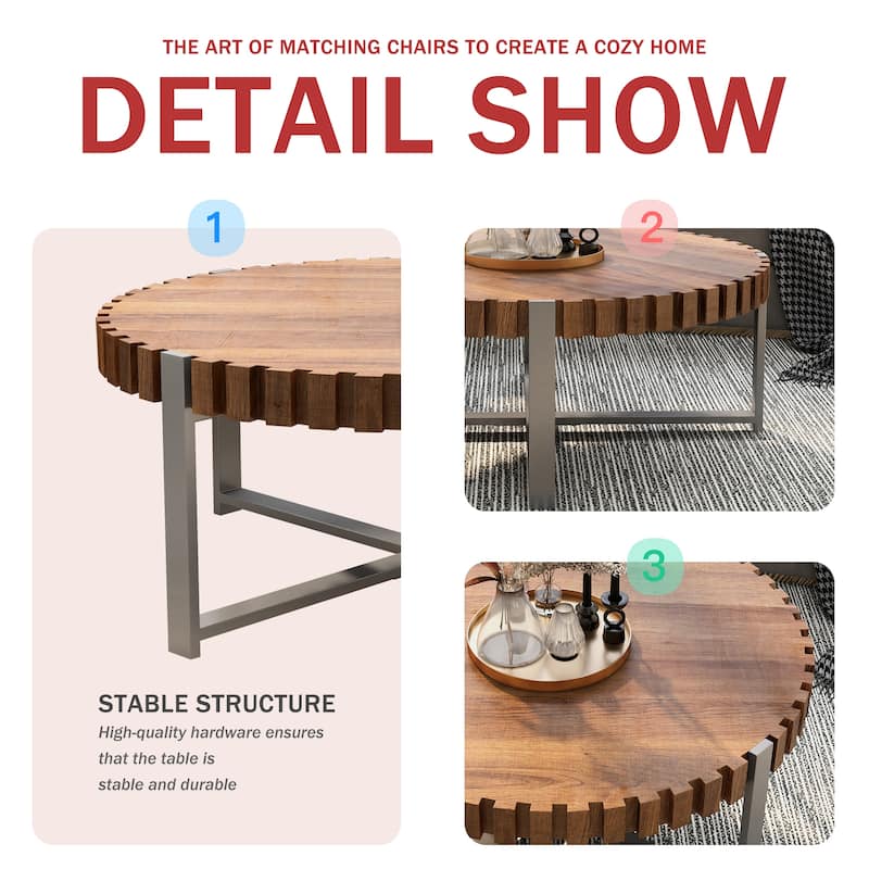 31.4" Handcrafted Drum Coffee Table‌ - Natural Wood Grain Finish with Sturdy Base, Modern Circular Living Room Centerpiece.