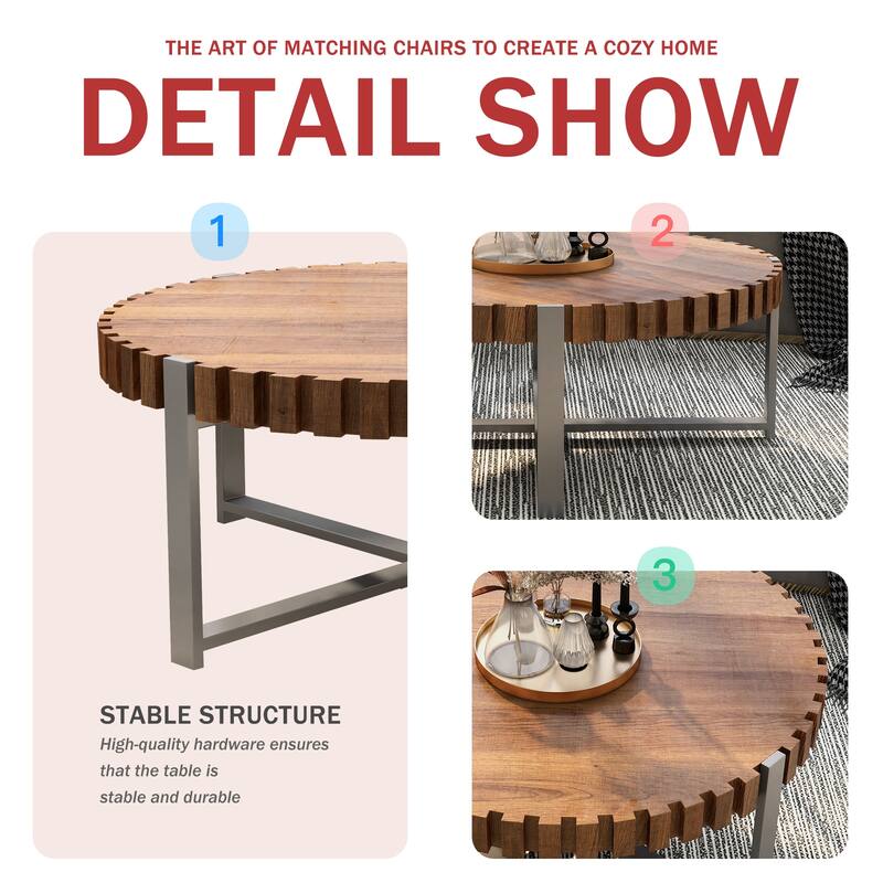 31.4"Circular Coffee Table, Modern Natural Wood Grain Handmade Drum Shaped Coffee Table, Wooden Felief Coffee Table