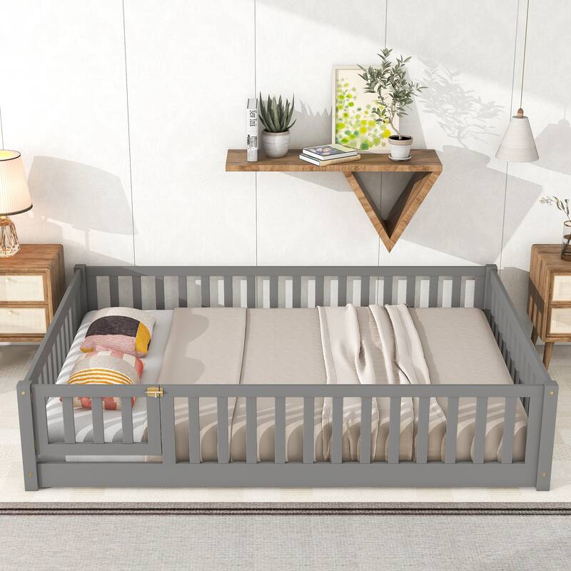 Floor Platform Bed with Fence and Door - Grey - Full