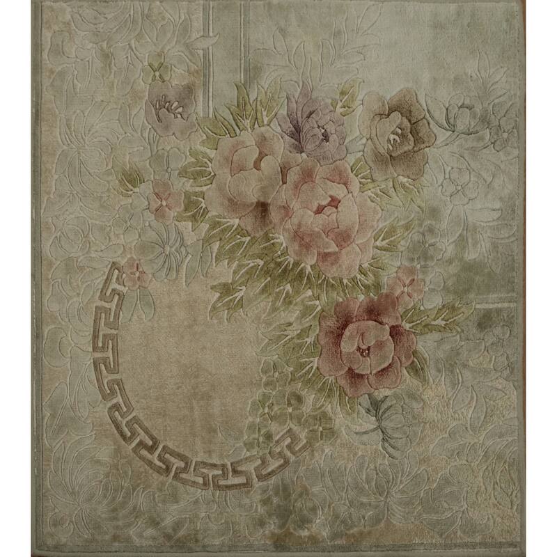 Hand Knotted Oriental 100% Silk Carpet Traditional Floral Beige & Ivories Art Deco Area Rug - 2' 7'' X 2' 8''