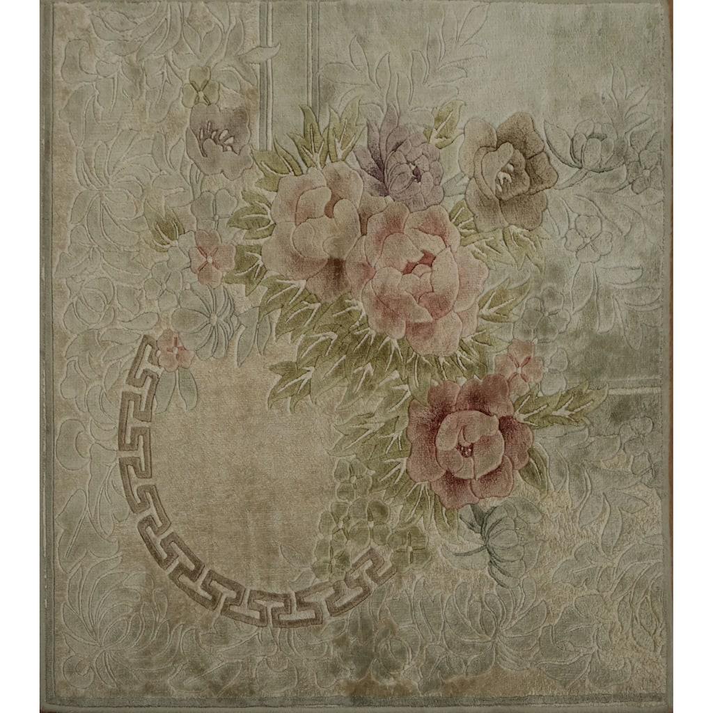 Hand Knotted Oriental 100% Silk Carpet Traditional Floral Beige & Ivories Art Deco Area Rug - 2' 7'' X 2' 8''