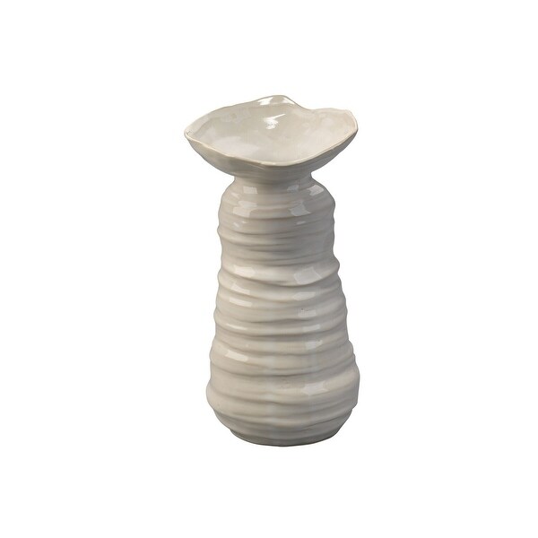 12" Pearl Cream Ribbed Patterned Glaze Medium Marine Vase - N/A