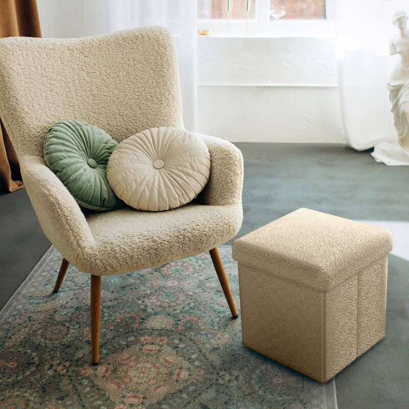 Sorbus Teddy Storage Ottoman Square Soft Sherpa Plush Tufted Footstool
