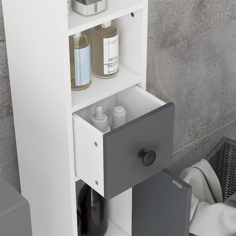 Grey Particle Board Bathroom Cabinet with Shelves, Drawers and Anti-Tip - 7.75" W x 7.75" D x 70.75" H