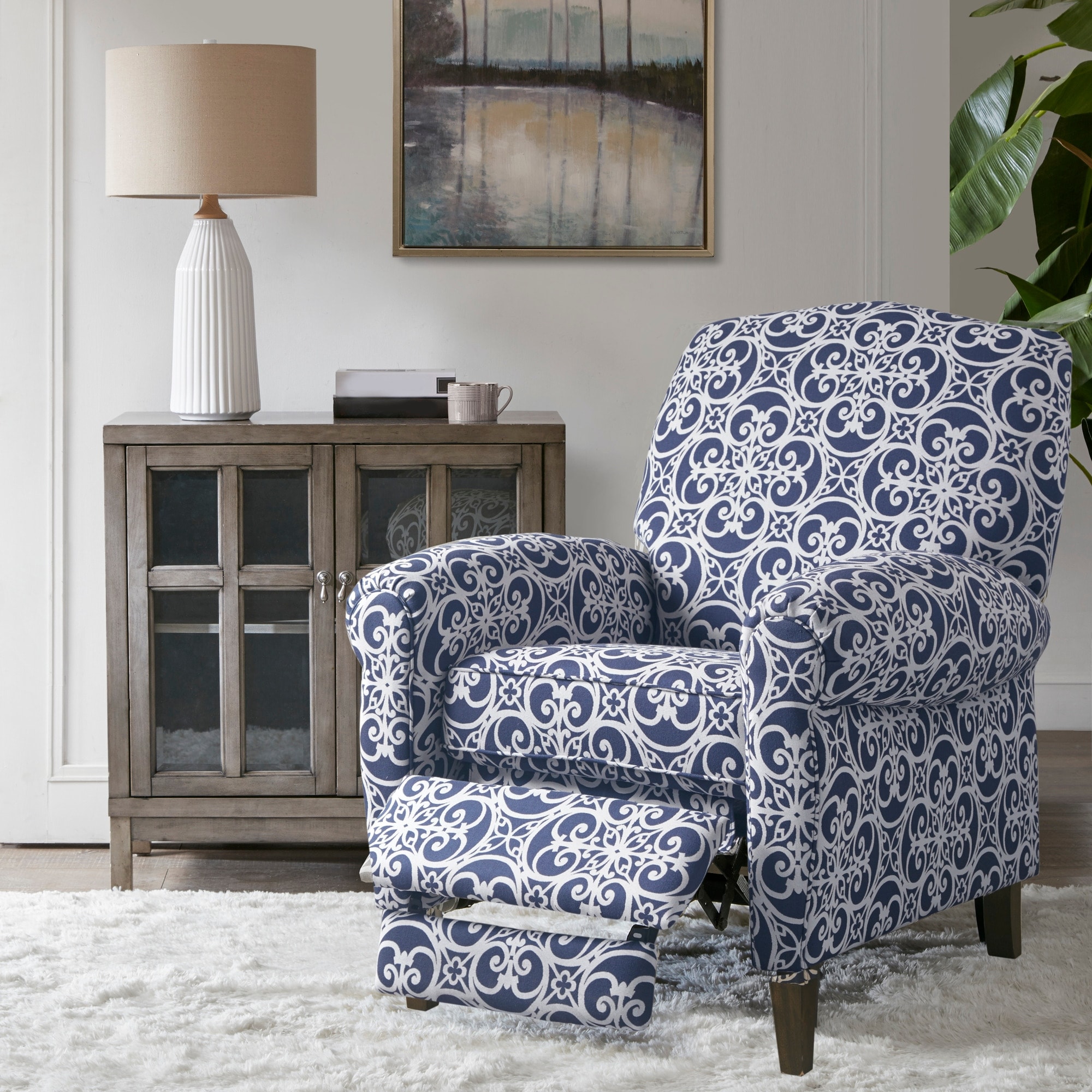 Madison Park Kirby Solid Wood Upholstered Push Back Recliner Chair with Rolled Arms