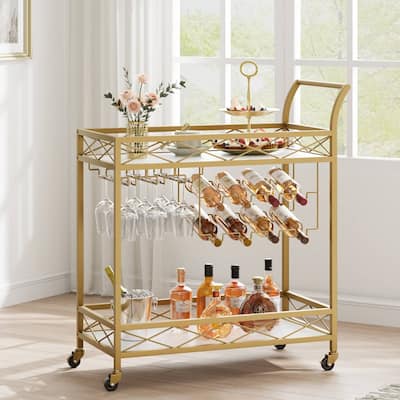 2 Tier Gold Bar Cart with Wheels & Wine Rack - N/A