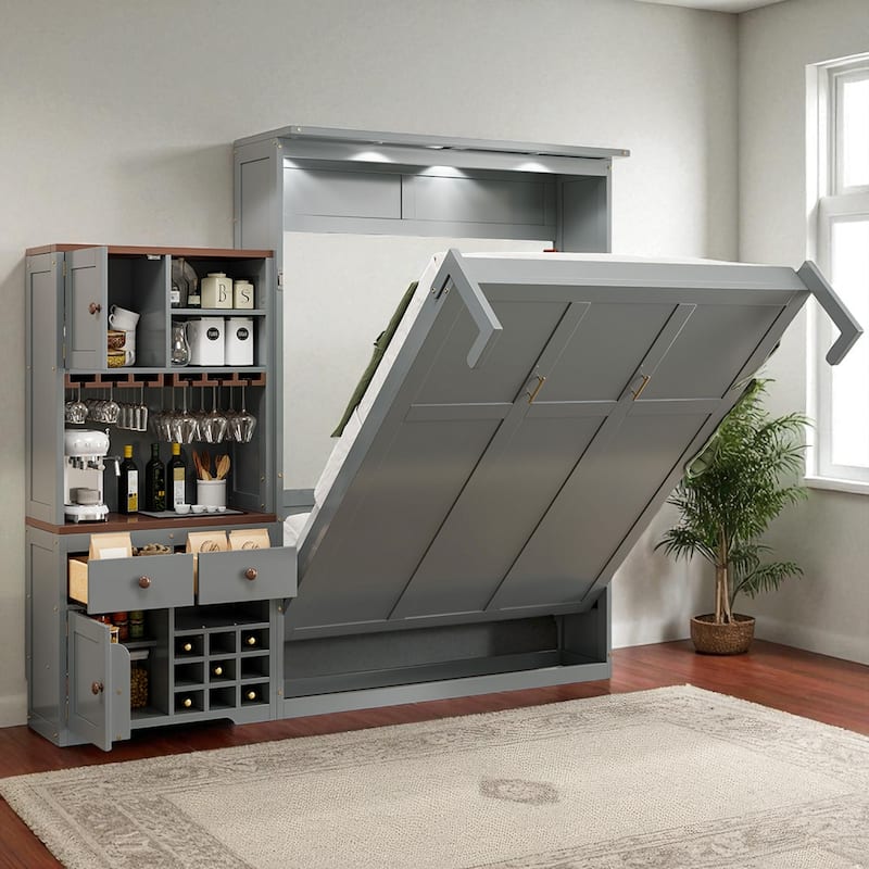 Queen Murphy Bed with Storage Cabinet, Wine Rack & Glass Holder, Multicolor LED, Drawers, 600 lb Capacity, 6-8 in Mattress