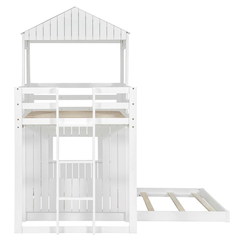 Play House Loft Bed with Floor Bed, Wooden Twin Over Full Bunk Bed with Roof, Windows, Ladder and Safety Guardrails
