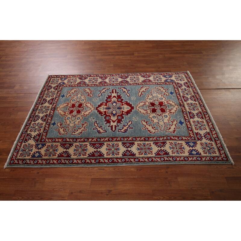 Light Blue Kazak Rug Hand-Knotted Traditional Wool Carpet - 3'11" x 6'0"