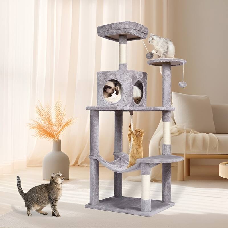 Light Grey Plush 6-Layer Cat Tree with Condo, Hammock & Toys