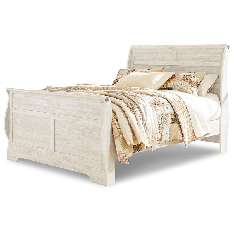 Isla Queen Sleigh Bed, Faux Planks, Farmhouse Whitewash Wood, Bronze