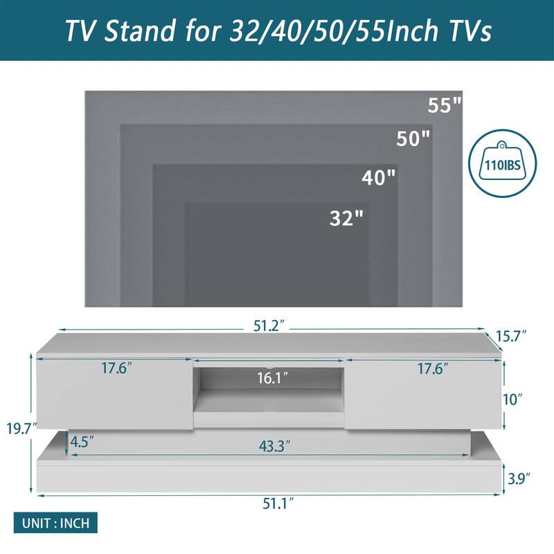 16-Color LED Lights TV Stand for TV up to 55"/65", Modern Entertainment Center with 2 Drawers