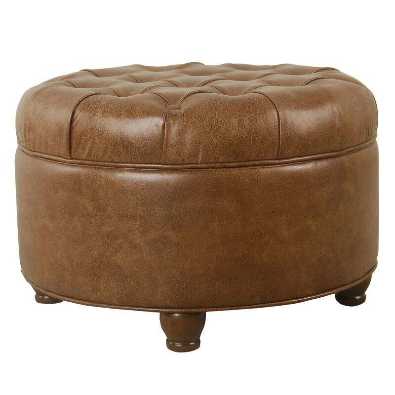 Gery 25 Inch Round Accent Storage Ottoman with Tray Top in Brown Faux Leather