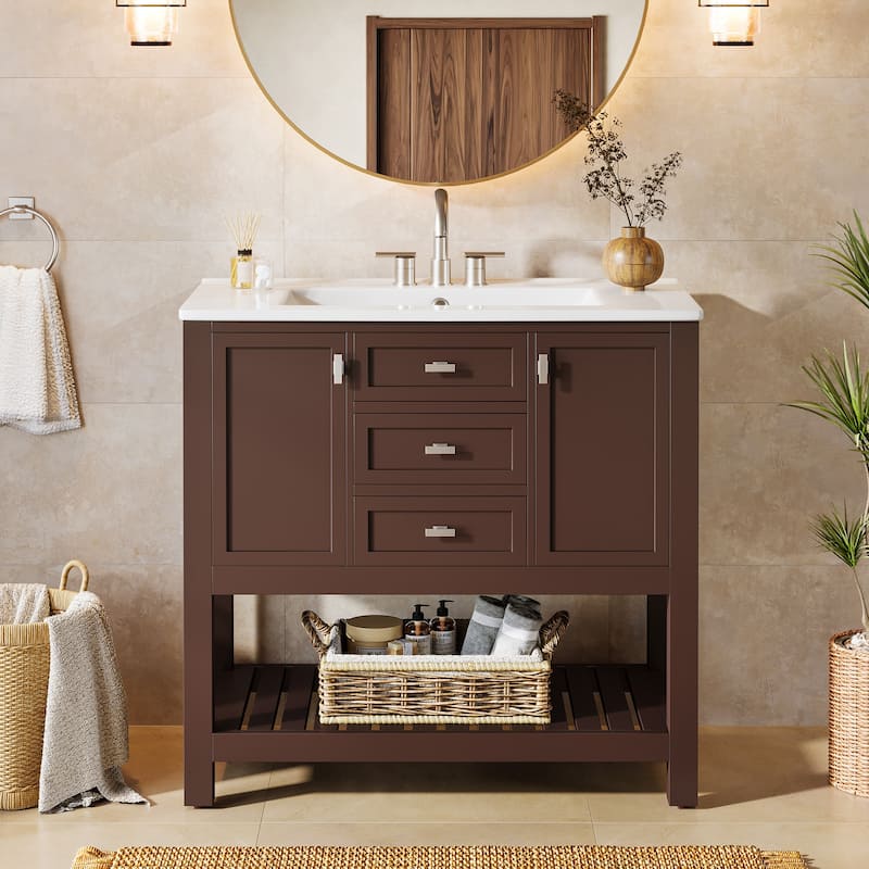 35.4 Inches Single Bathroom Vanity with Ceramic Sink Top, 3 Drawers & 2 Cabinets - Brown