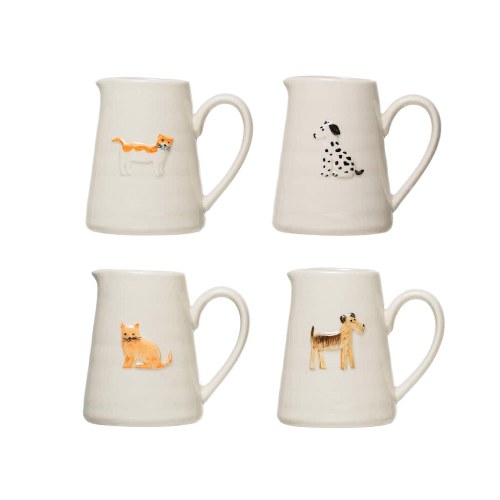 Ceramic Pitchers with Hand-Painted and Embossed Cat and Dog Designs, Set of 4 Styles