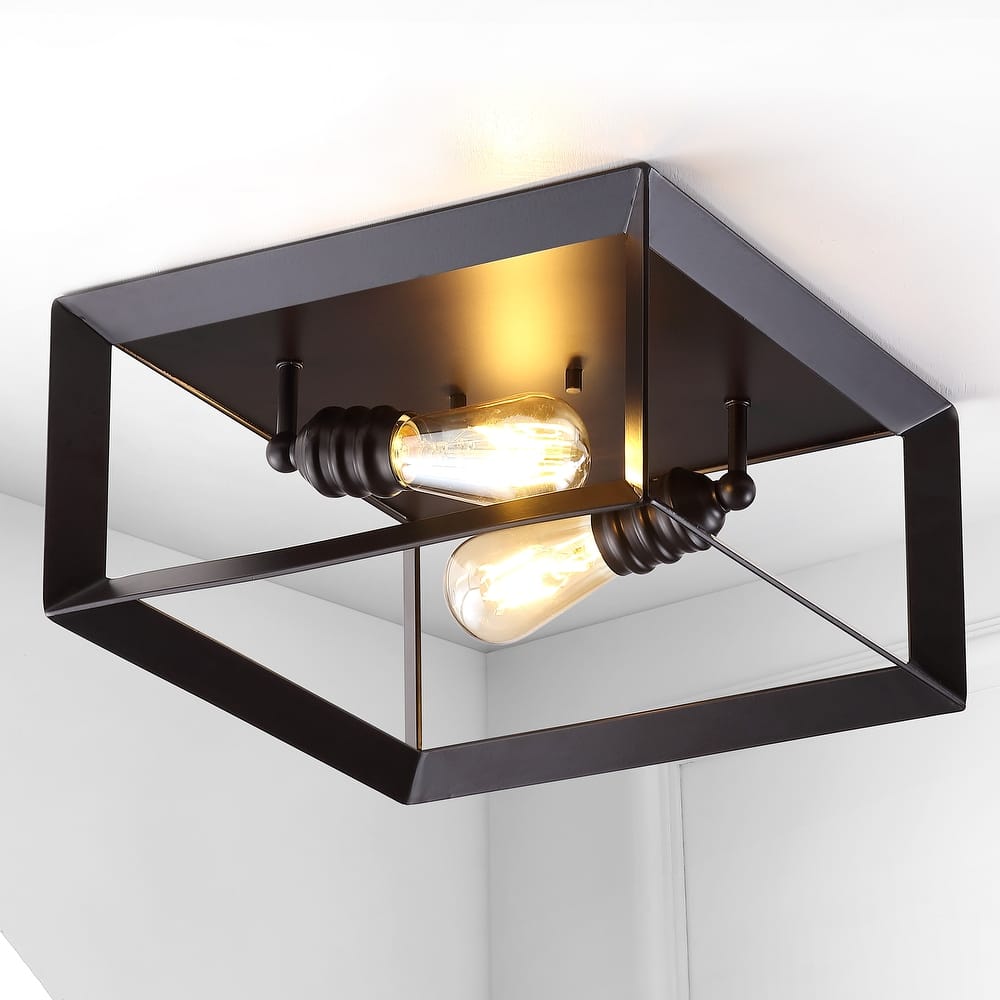 JONATHAN Y Nola Square 13" 2-Light Iron Modern Farmhouse LED Flush Mount, Oil Rubbed Bronze