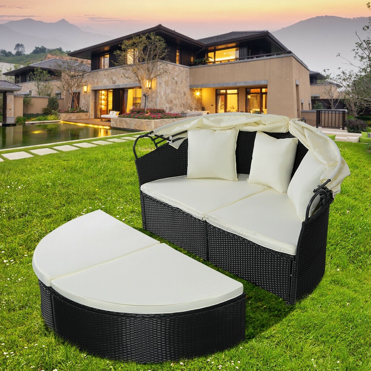 Costway Round Retractable Canopy Daybed Wicker Rattan Patio Sofa Furniture 