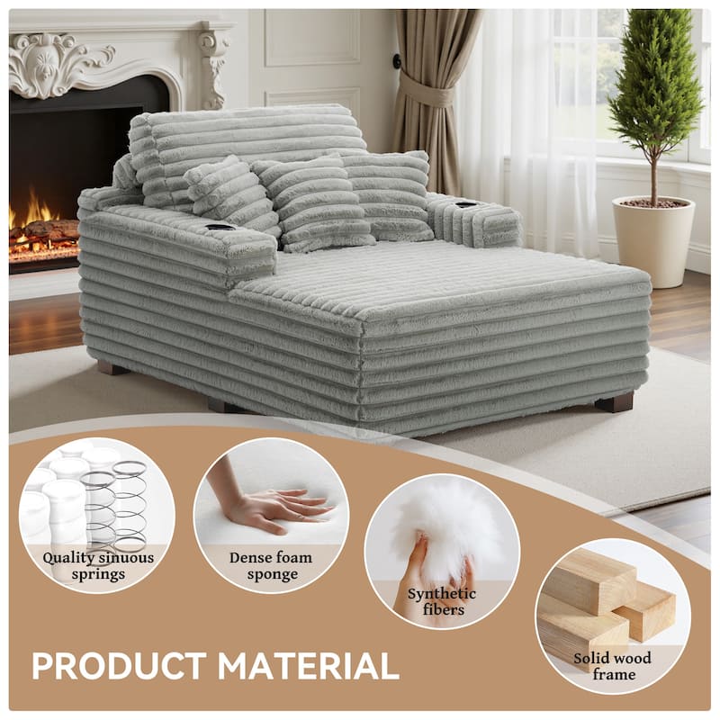 Indoor 53" Oversized Plush Chaise Lounge with Pillows and Cup Holder
