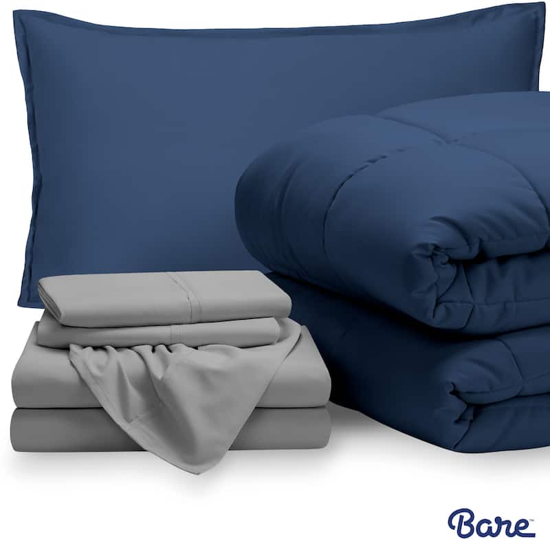 Bare Home Bed-in-a-Bag Down Alternative Comforter & Sheet Set - Dark Blue/Light Grey - Twin XL