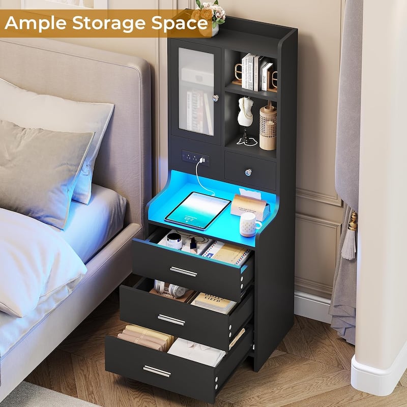 Tall Nightstand Charging Station 3 Drawers & Shelves LED Glass Door - Black